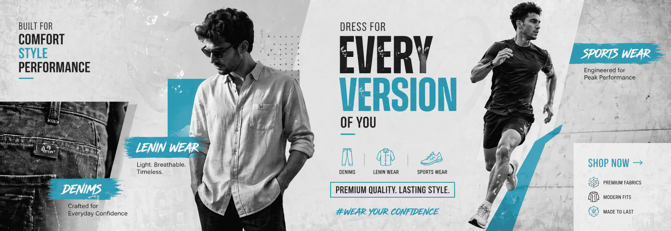 Premium clothing campaign featuring denim, linen wear, and sports wear